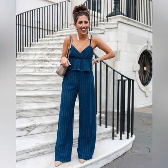 ETT TWA Anthropologie Denim Jumpsuit Size L Blue Stripe Peplum Pockets Wide Leg - Picture 1 of 16